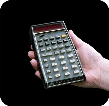 Hewlett-Packard-45 advanced scientific pocket calculator - 3/4 view.