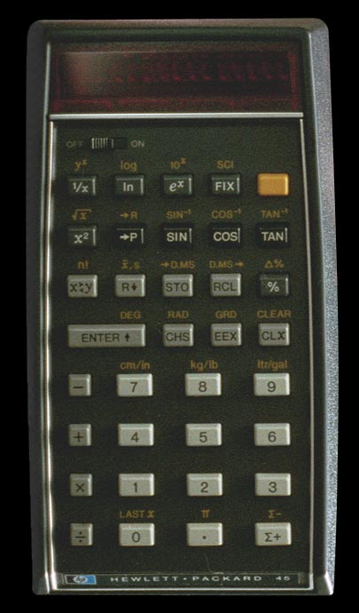 Hewlett-Packard-45 advanced scientific pocket calculator - top view.