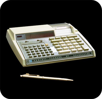 Hewlett-Packard-97 programmable printing calculator - 3/4 view.