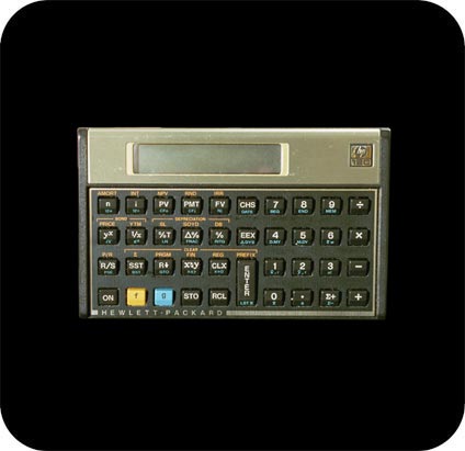 Hewlett-Packard-12C programmable financial calculator - 3/4 view.