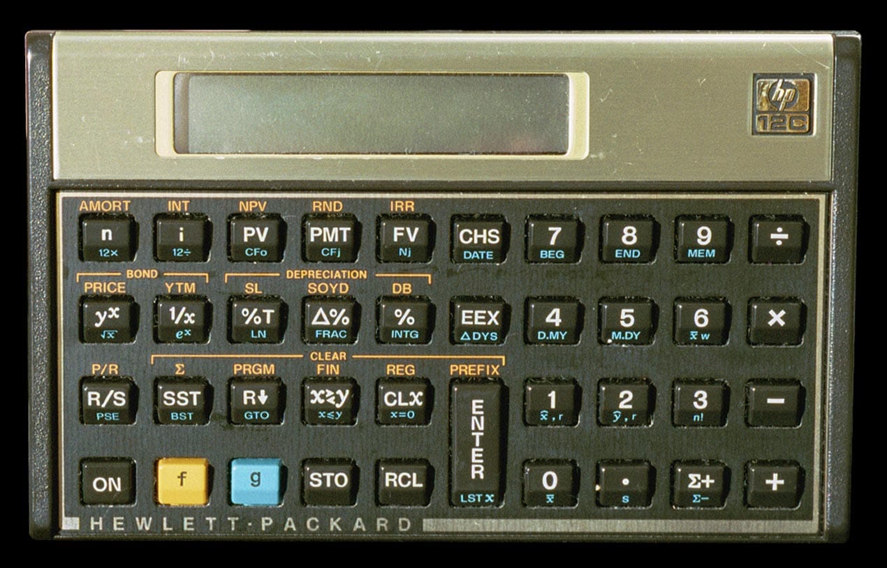 Hewlett-Packard-12C programmable financial calculatorr - top view.