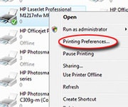 Printing Preferences circled on PC printer settings