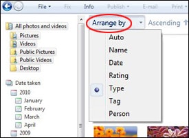 Arrange by option circled in red, with Type option chosen below