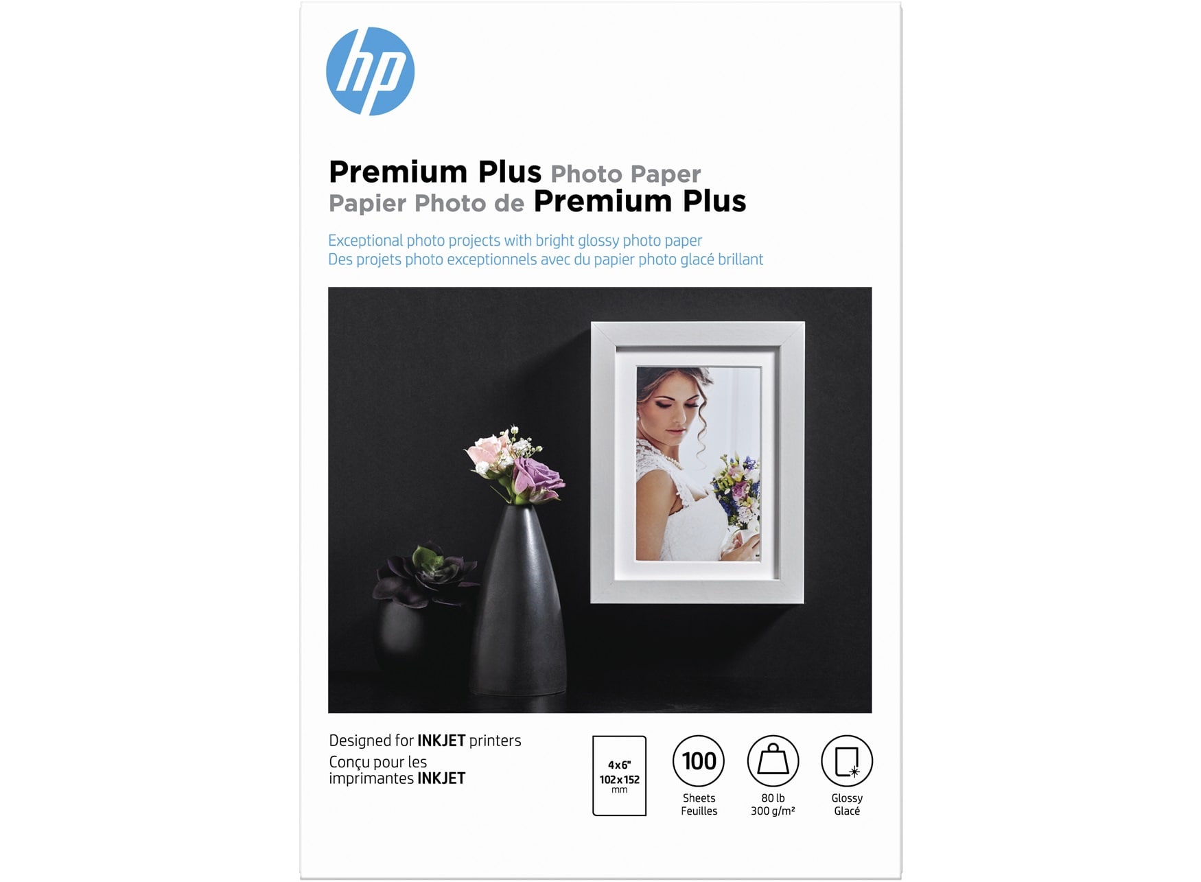 Image of HP Premium Plus Photo Paper, Glossy, 80 lb, 4 x 6 in. (101 x 152 mm), 100 sheets