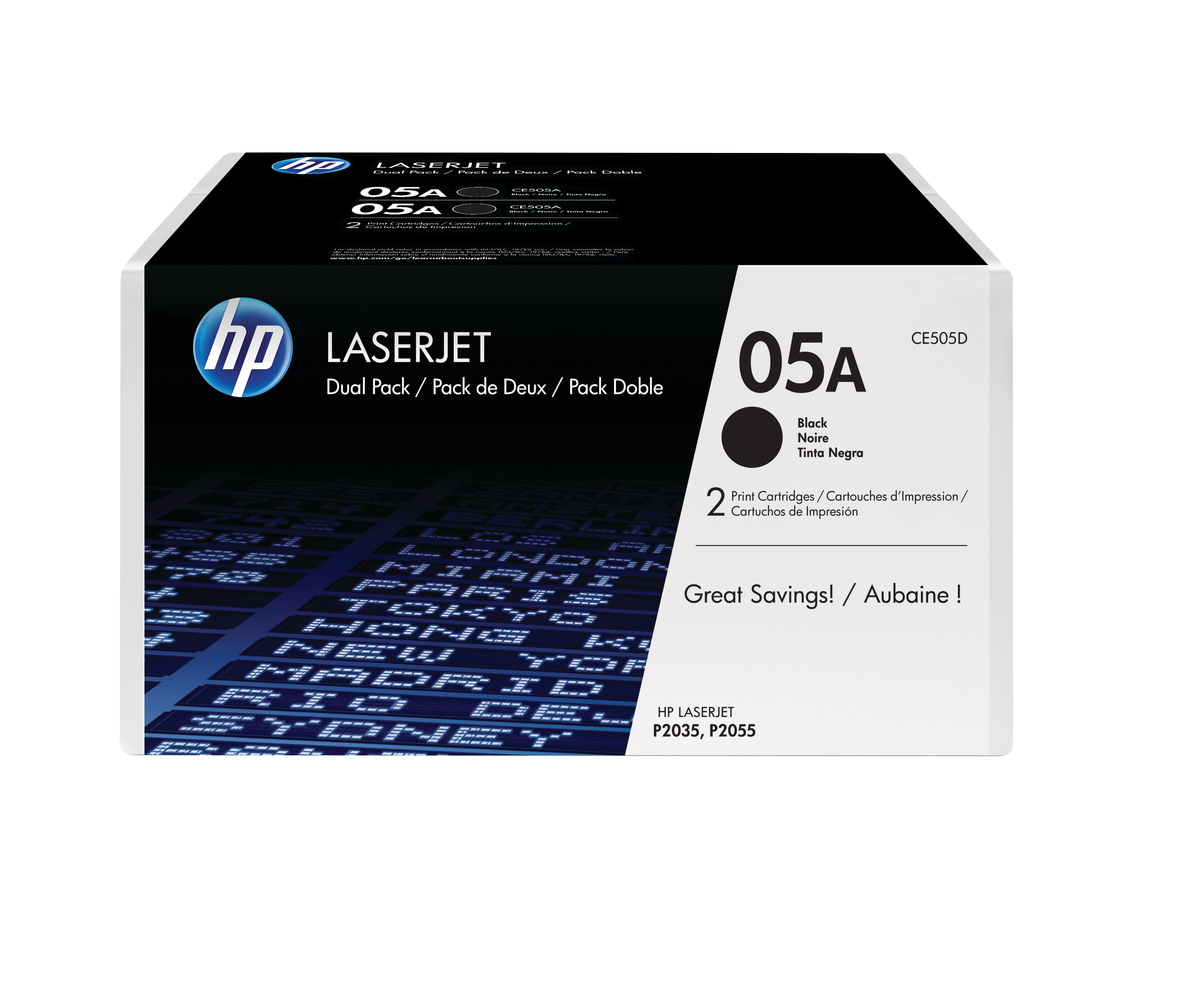 Pack de 2 toners noirs authentiques HP 05A LaserJet | CE505D# | Center facing