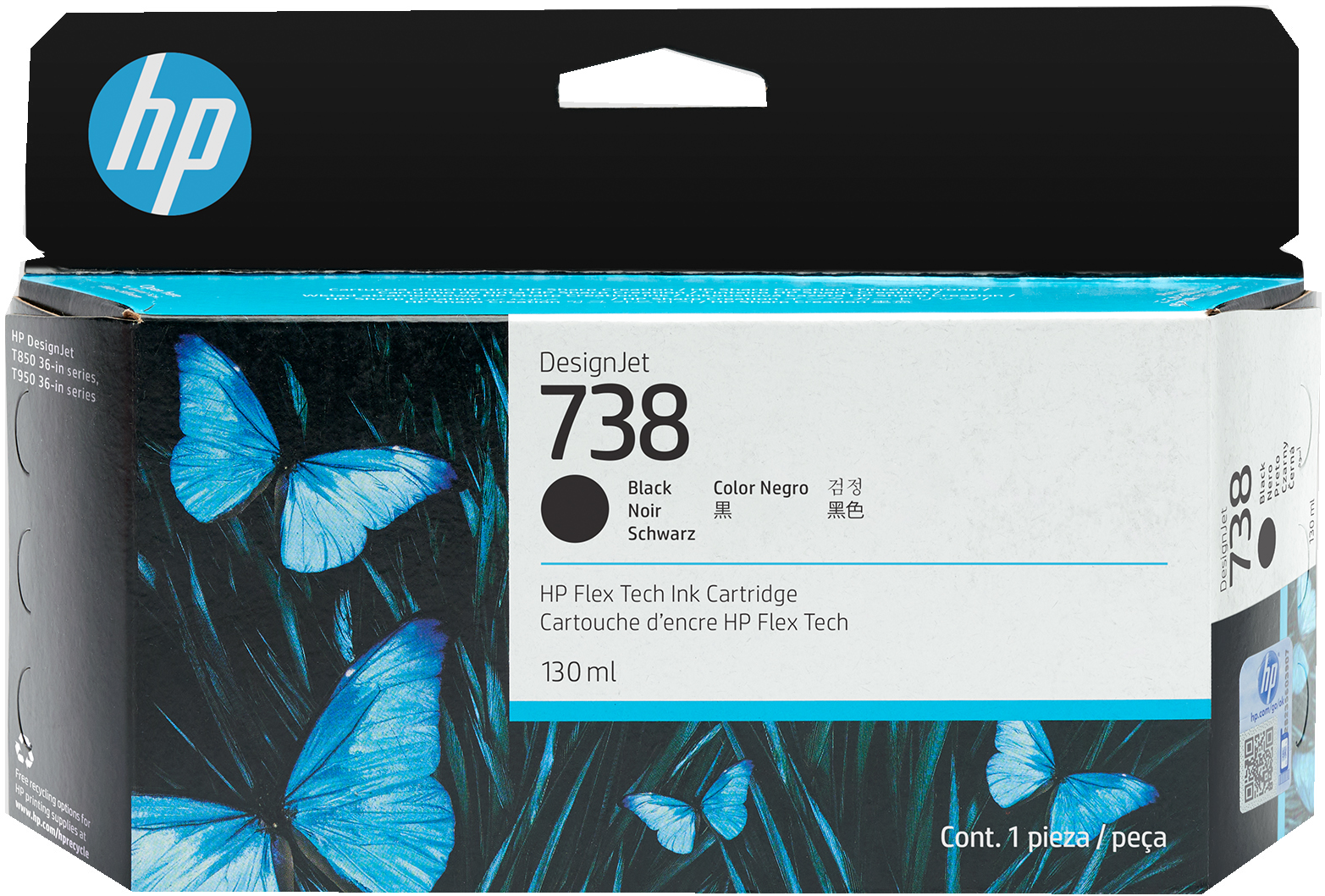 HP 738 130-ml Black DesignJet Ink Cartridge | 498N4A# | Center facing