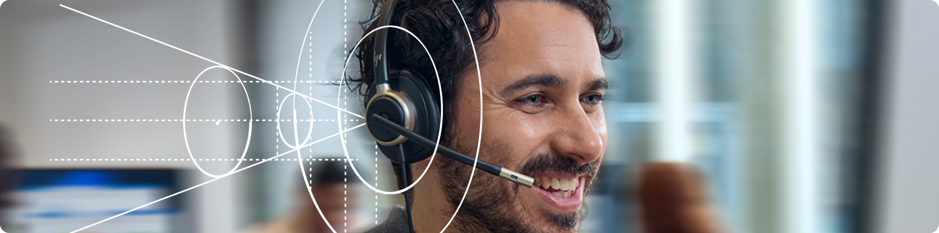 A man participating in a conference call while wearing HP Poly Focus headphones designed for all-day comfort.