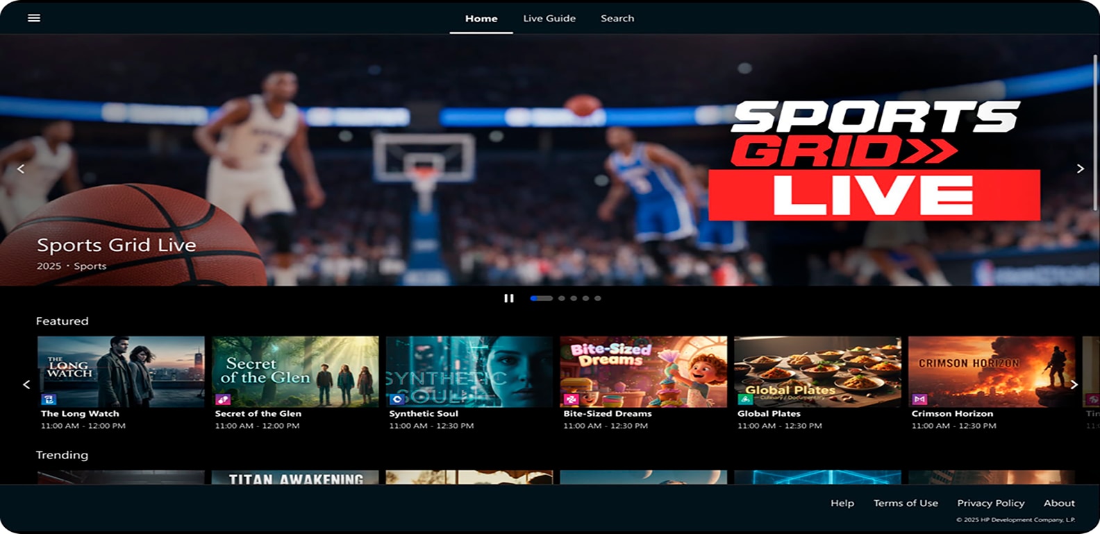 Home screen of HP TV+ streaming platform showing a live basketball broadcast and a carousel of featured content.