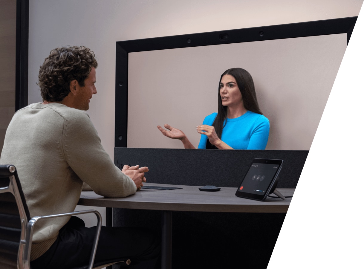 Man and woman having video conference