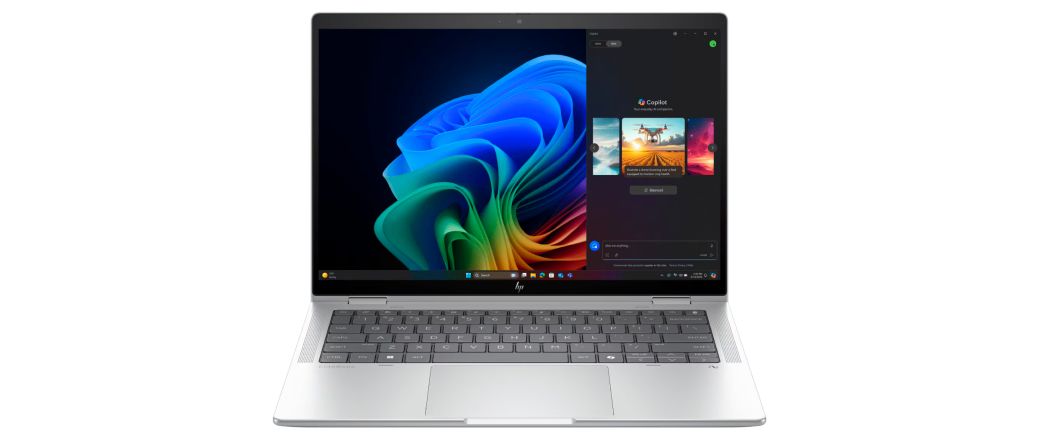 Laptop HP untuk pekerjaan dengan layar ruang kerja digital yang cerah, yang dirancang untuk produktivitas modern.