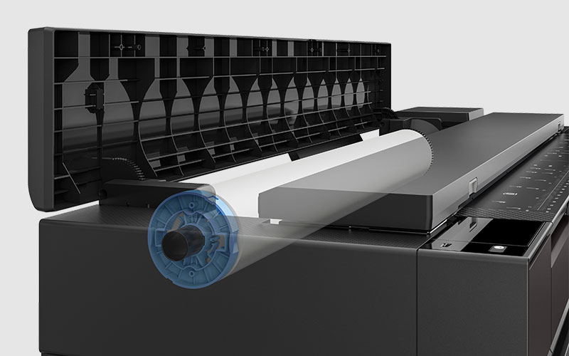 Plotter HP DesignJet dengan panel akses terbuka