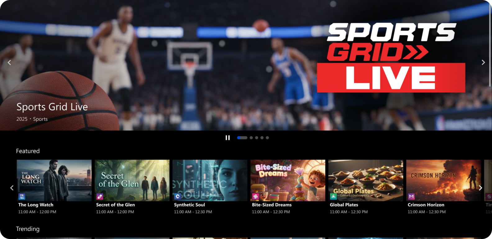 バスケットボールの生中継と注目コンテンツのカルーセルが表示されるHP TV+ストリーミングプラットフォームのホーム画面。