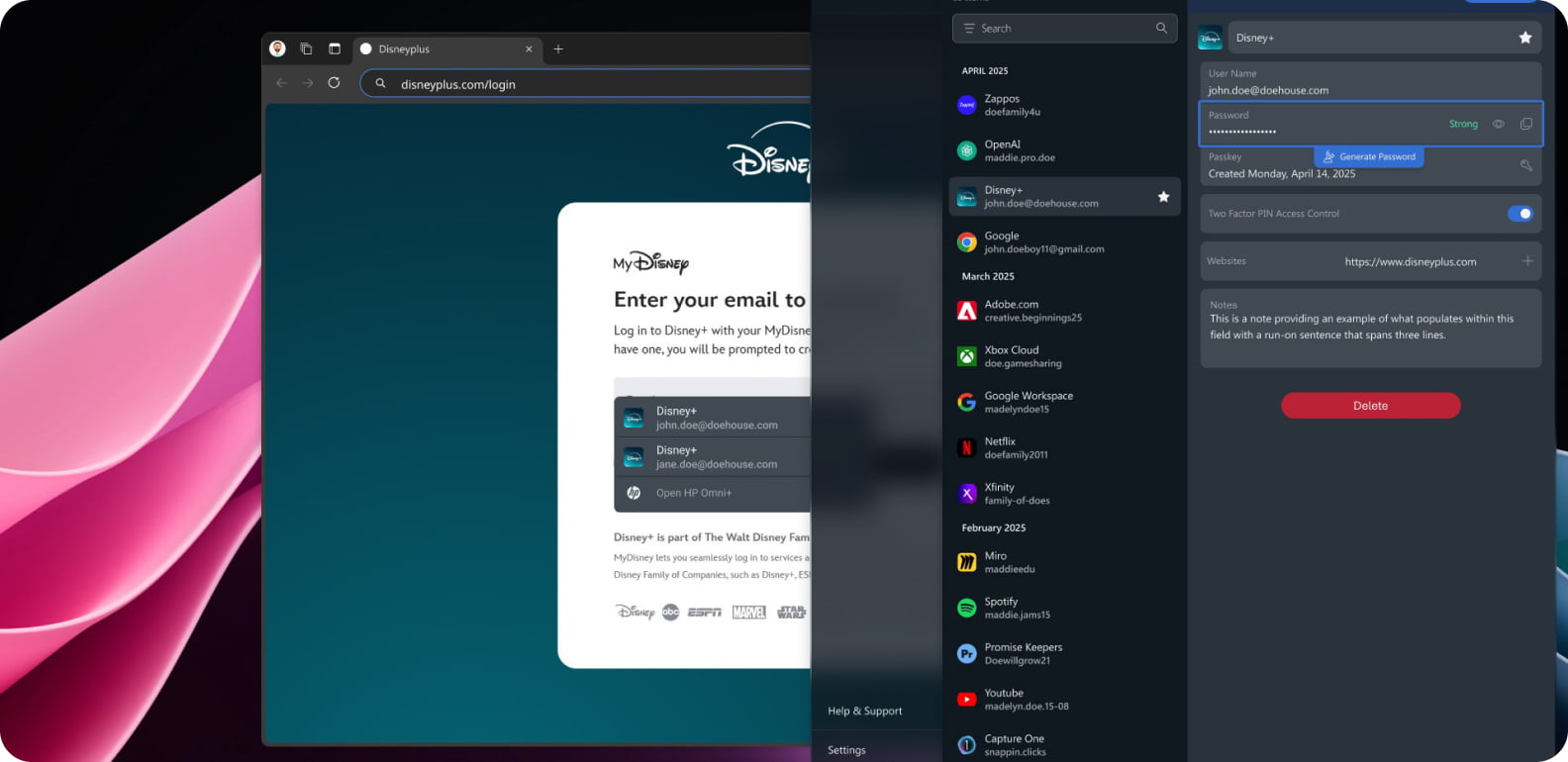 Desktop view showing HP Omni+ app next to a website login screen.