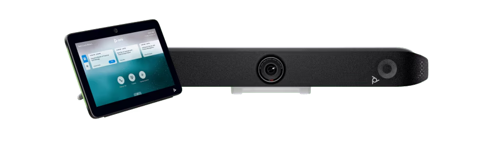 HP Poly touchscreen device and a video conferencing camera.