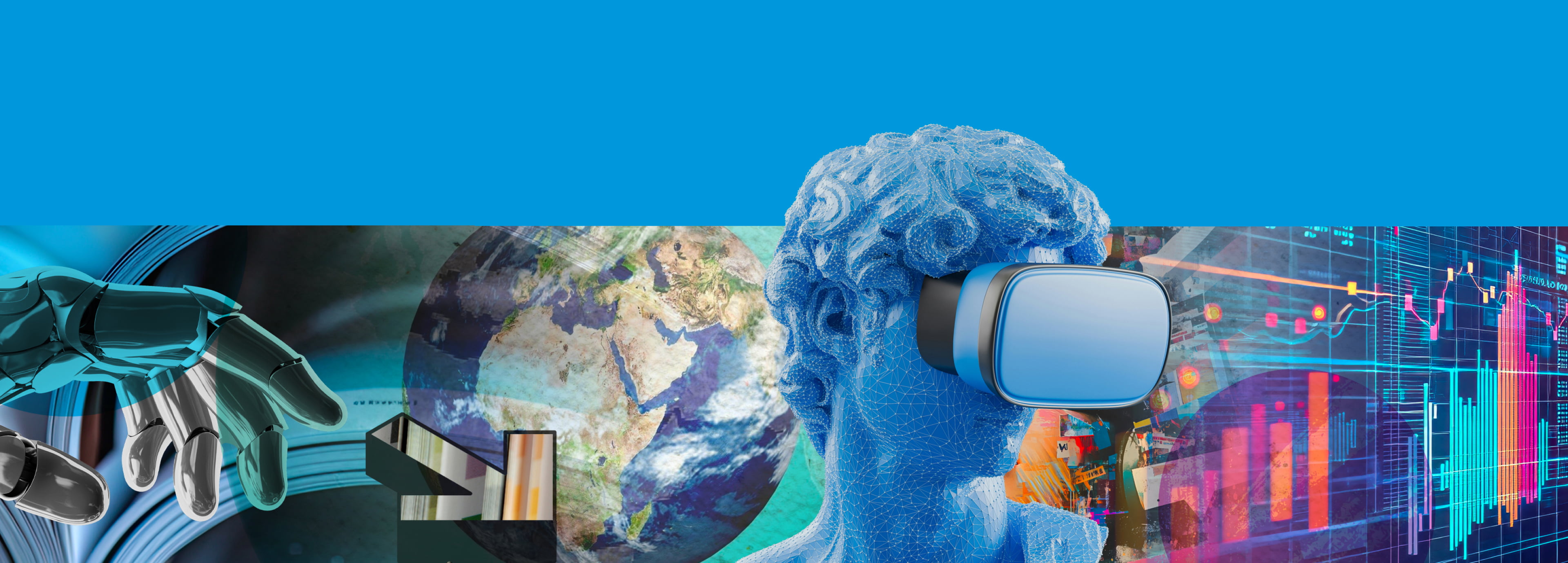 A blue statue with a blue background and digital screens.