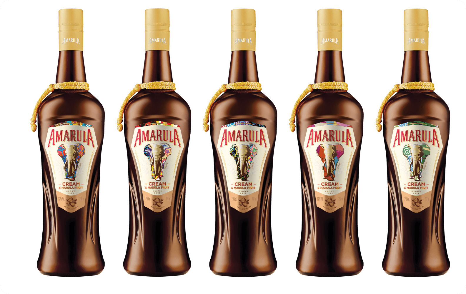 Five Amárua cream liqueur bottles displayed side by side.