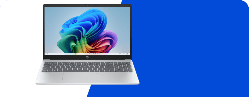 HP laptop shown with a vibrant screen and streamlined form, representing reliable performance for work, learning, and home use.