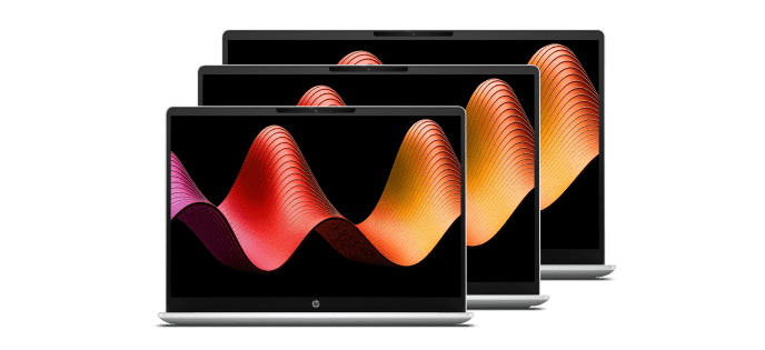 Stacked HP OmniBook  laptops showing a vivid display representing AI‑powered performance for everyday productivity.