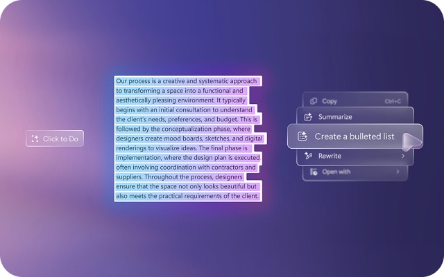 Split-screen showing two AI-powered features: “Click to Do” and “Recall” interfaces.