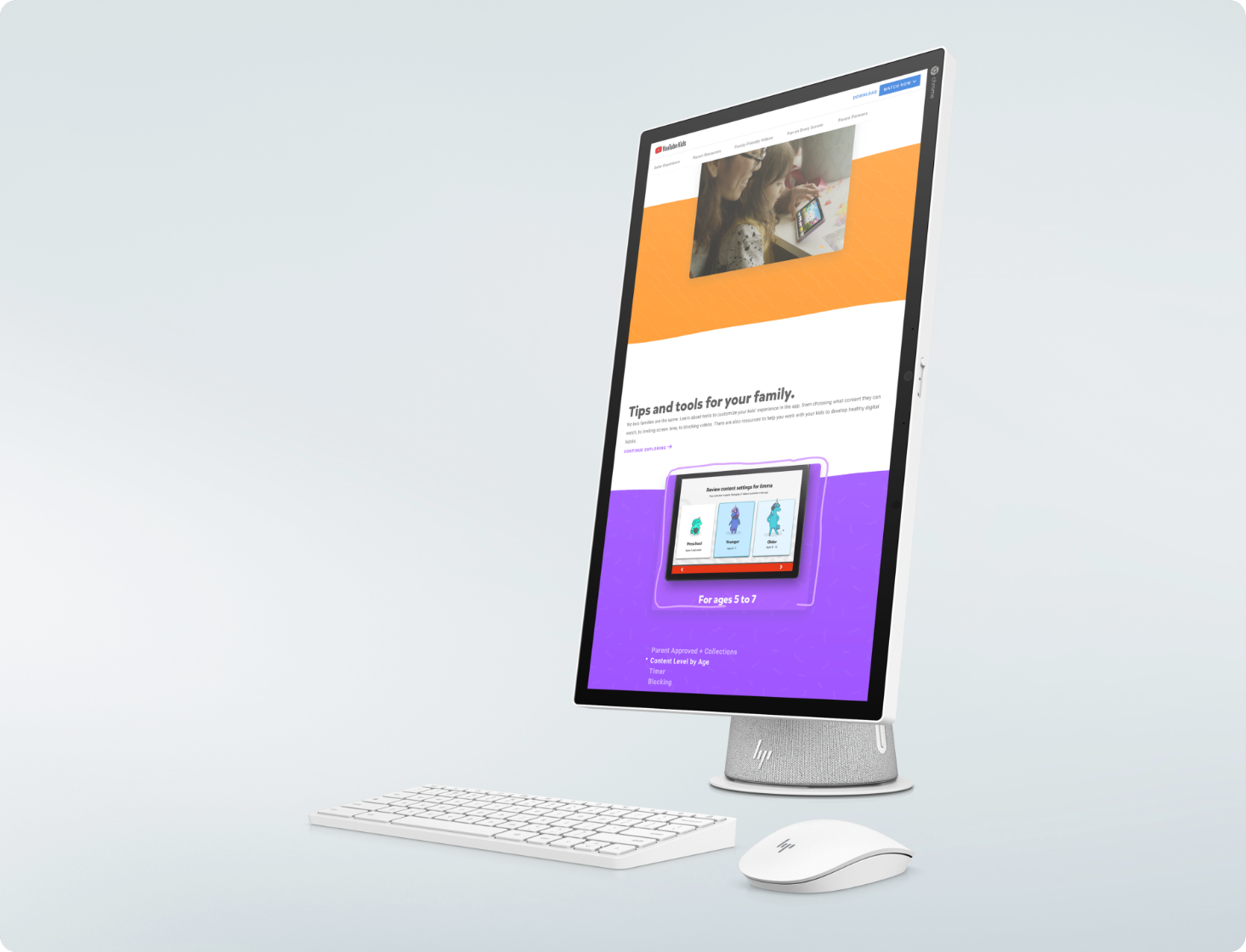 HP Chromebase 21.5 inch in portrait mode with wireless keyboard and mouse