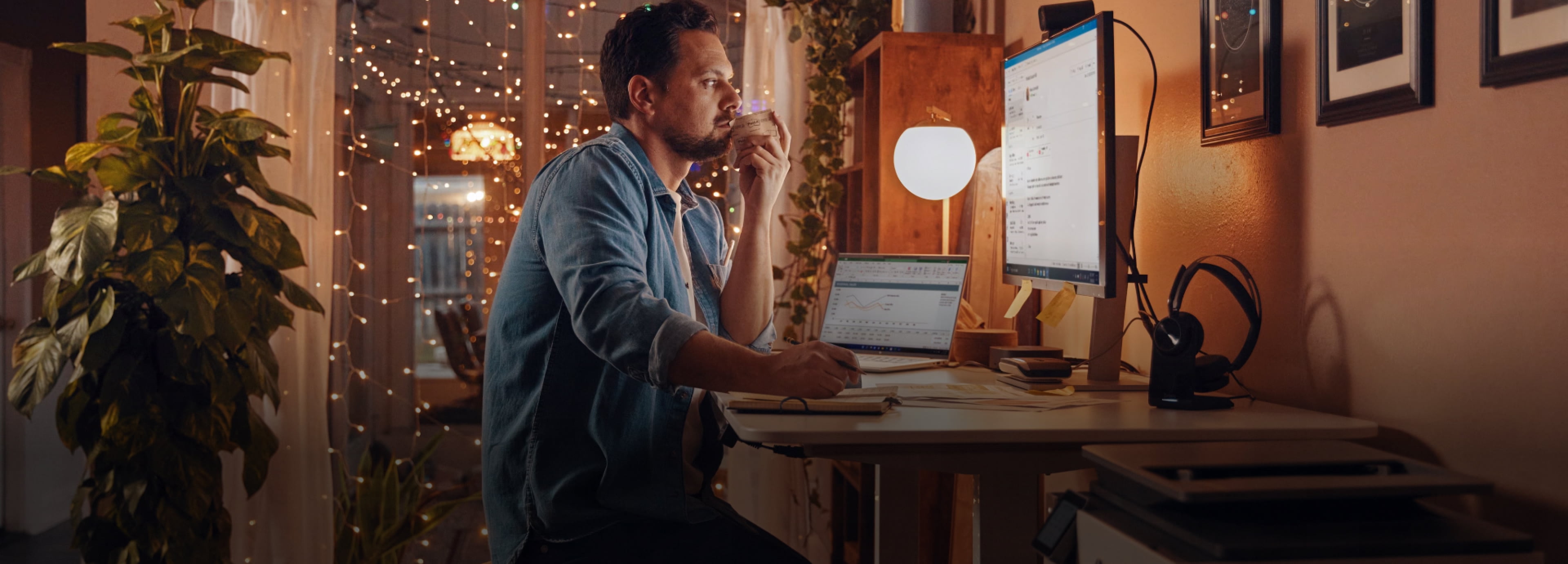 A man working on his HP monitor connected to an HP laptop.