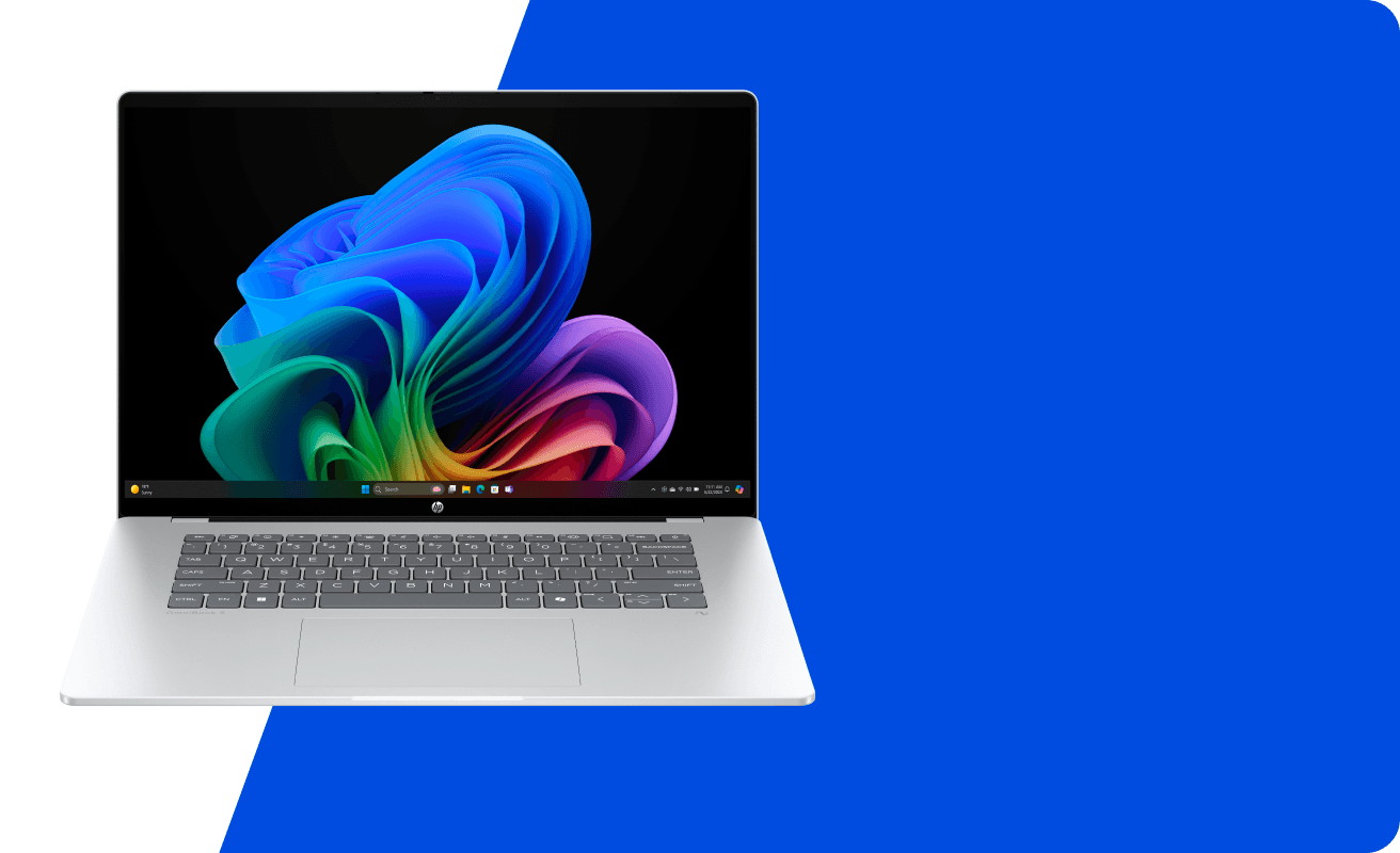 An HP laptop with blue background.