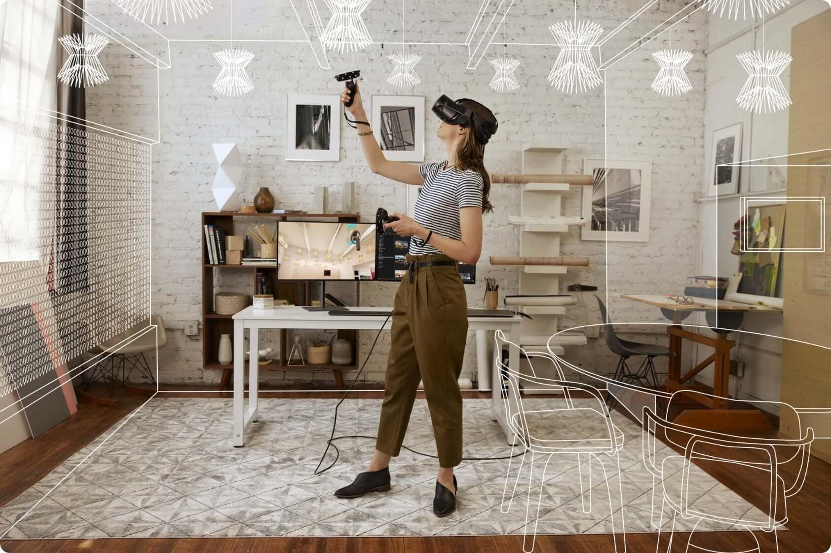 Woman using the HP Reverb G2 Virtual Reality Headset and controls for interior design simulation.