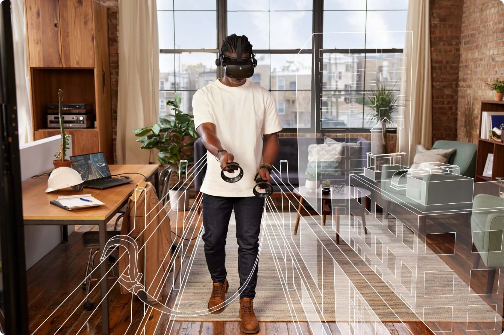 Man using the HP Reverb G2 Virtual Reality Headset and controls for high bridge walk simulation.