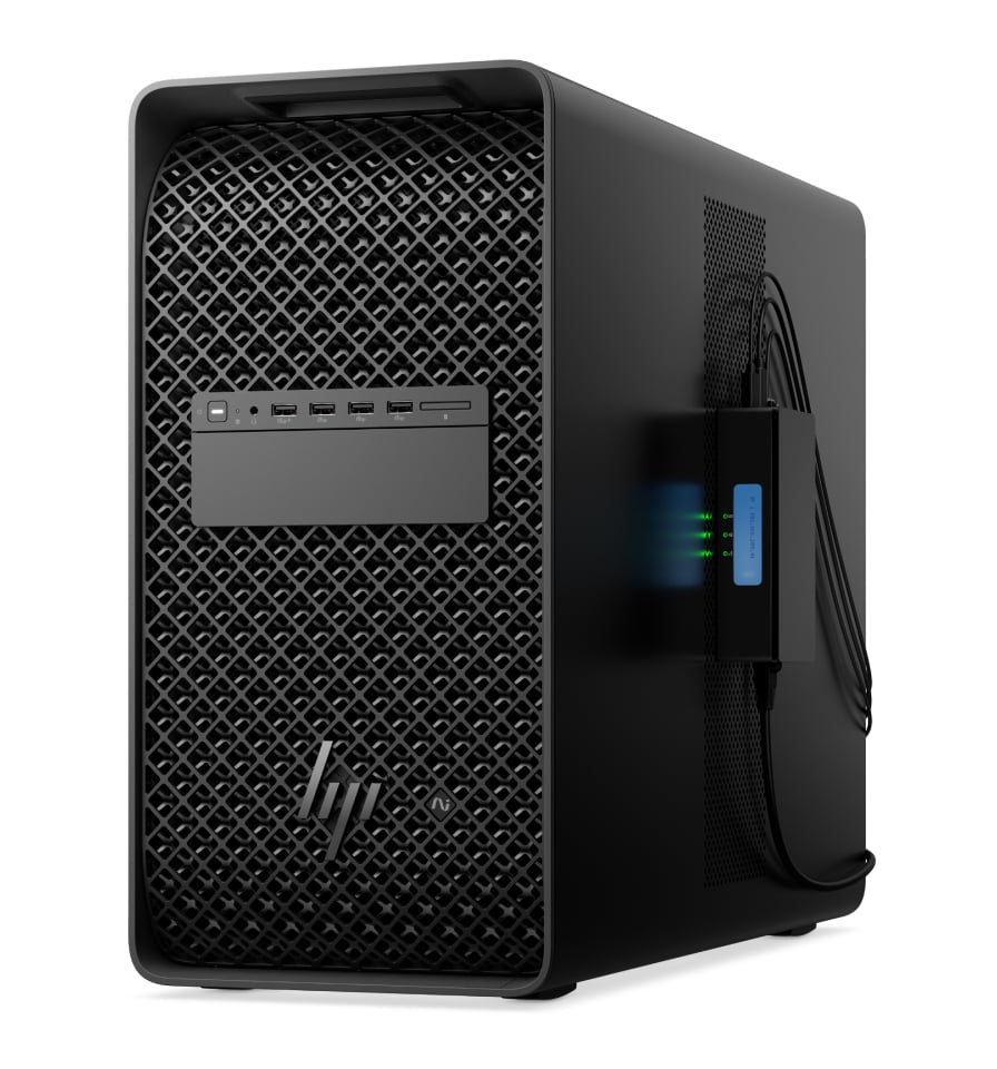 An external HP Remote System Controller placed on the side of a Z Desktop Workstation.