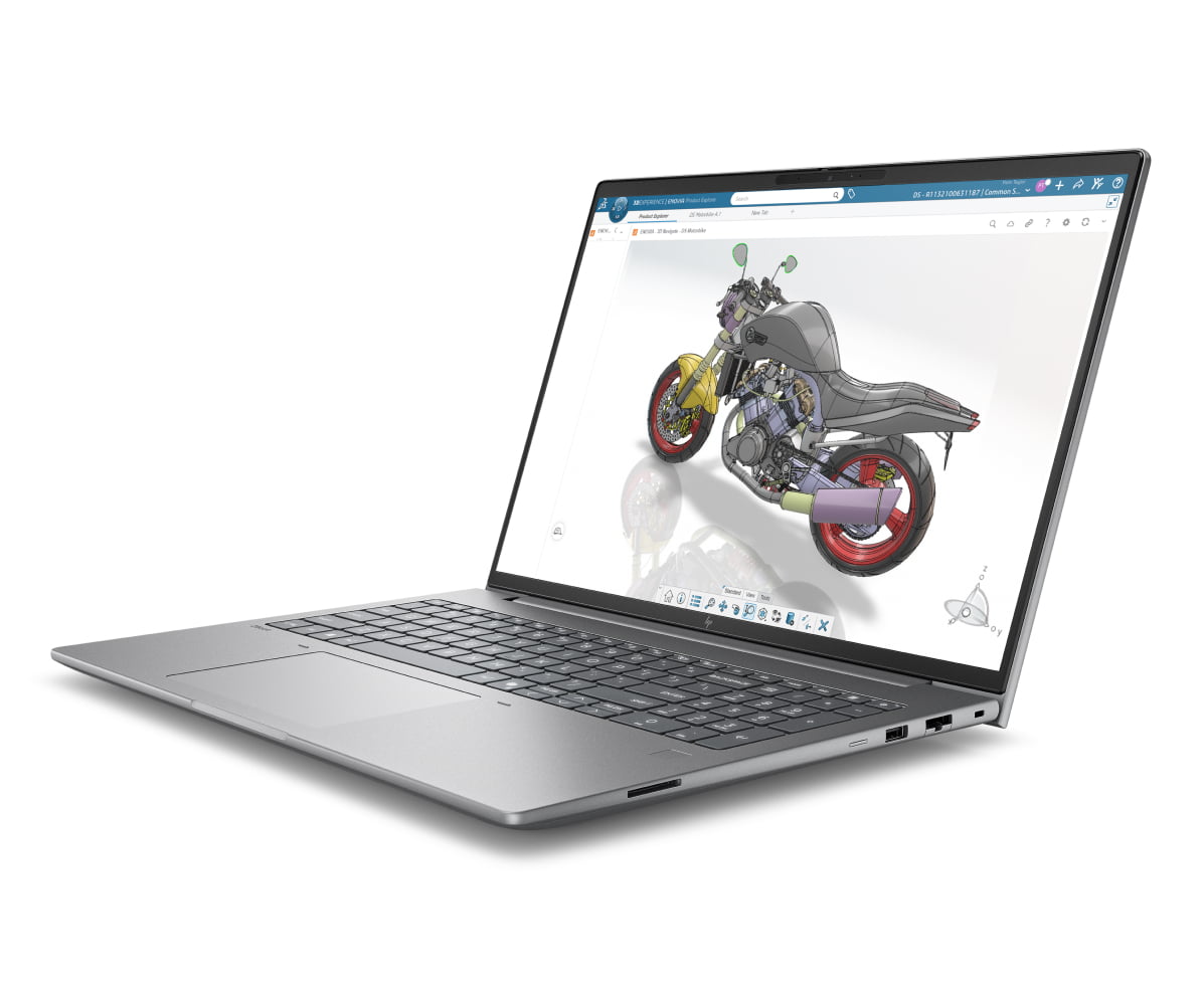 A ZBook X G2i mobile workstation PC with a motorcycle render made on CAD software.