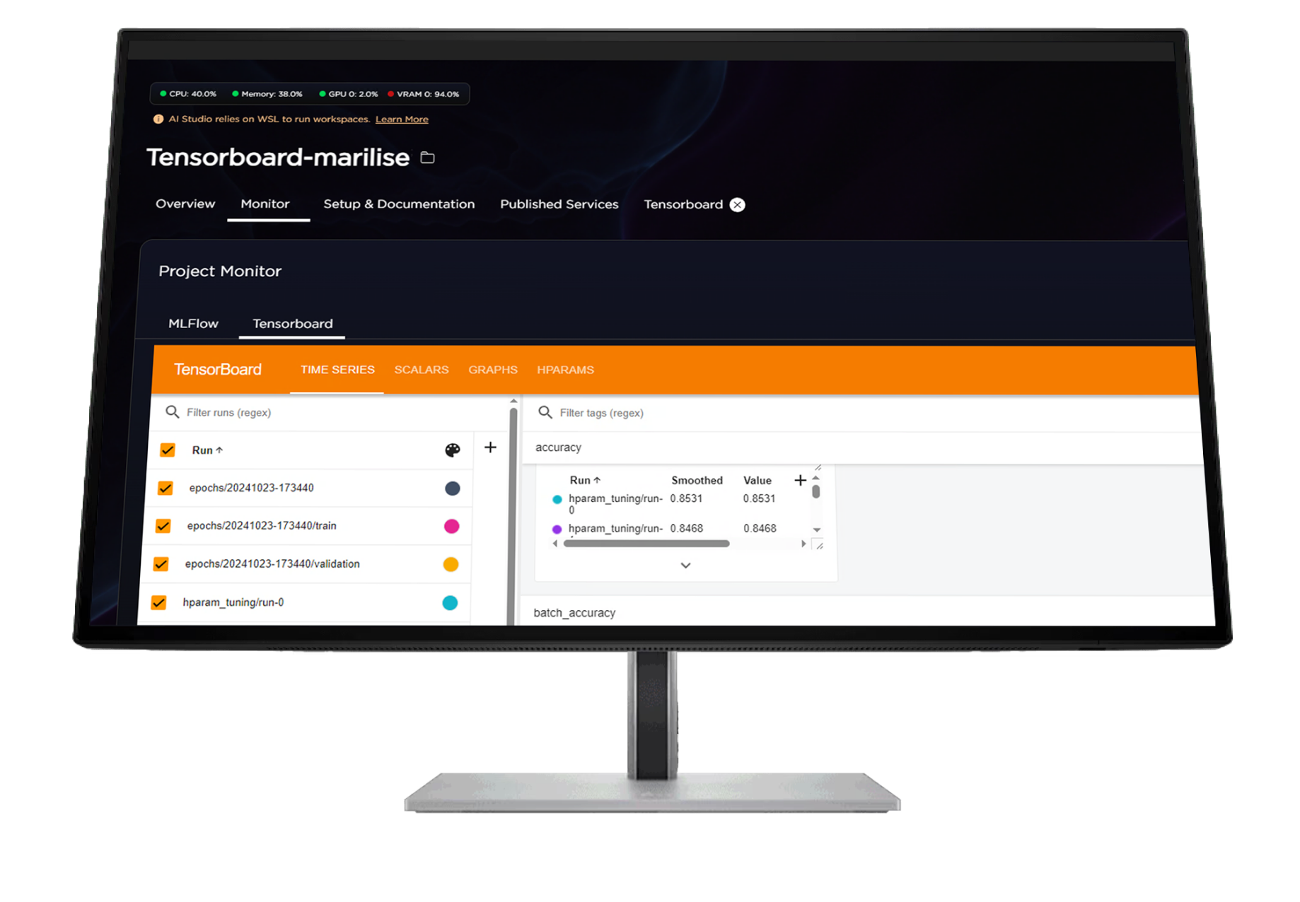 HP monitor with an AI development software interface on the screen.