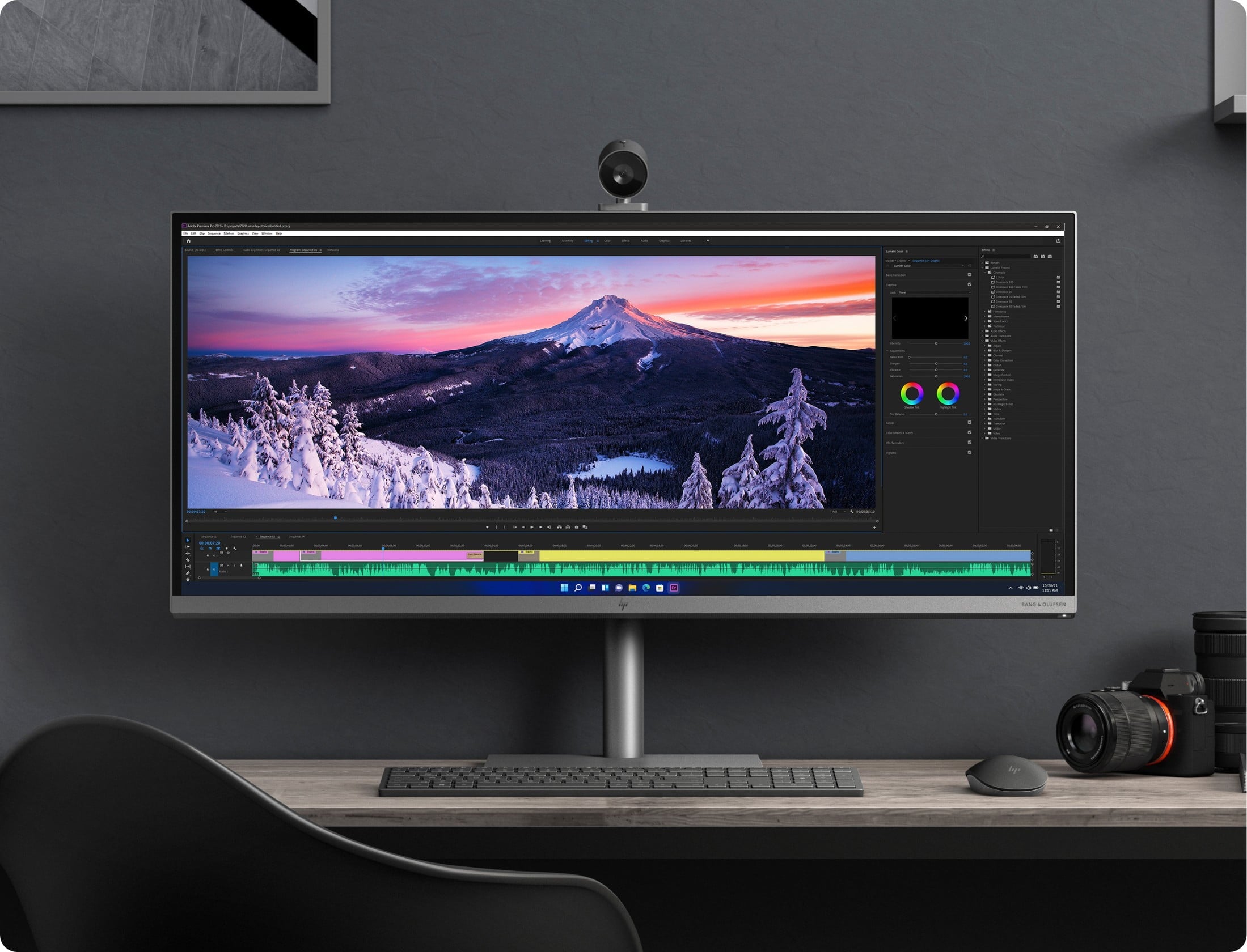 An HP ENVY 34-inch All-in-One Desktop over a table, a video editing software program is on screen