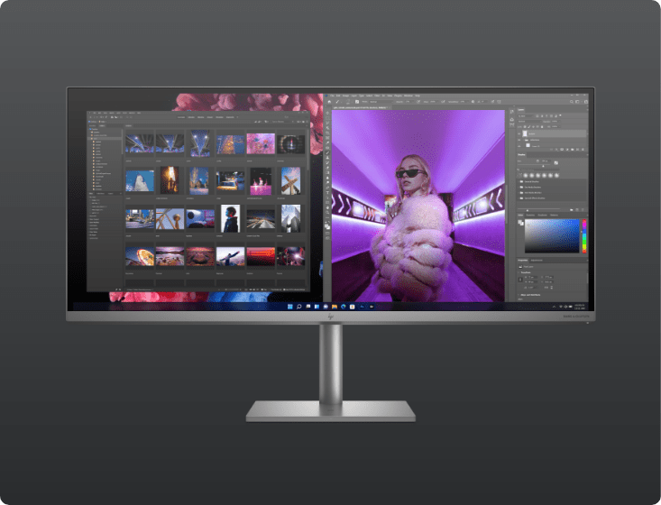A photo editing software program is displaying on an HP ENVY 34-inch All-in-One Desktop screen