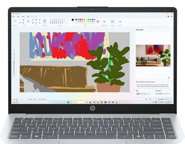 An HP OmniBook 3 Next Gen AI PC with Paint Cocreator on the screen