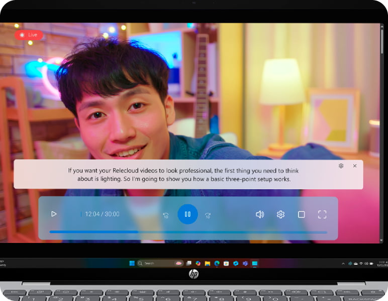 Video playing with live captions in an HP OmniBook 5 Laptop AI PC
