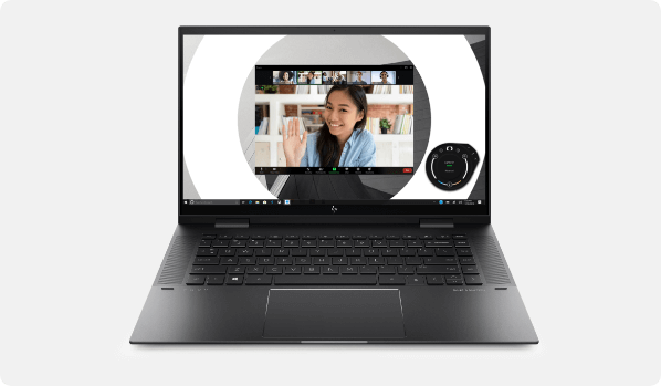 Opened HP ENVY x360 laptop showing on screen a woman in a video call