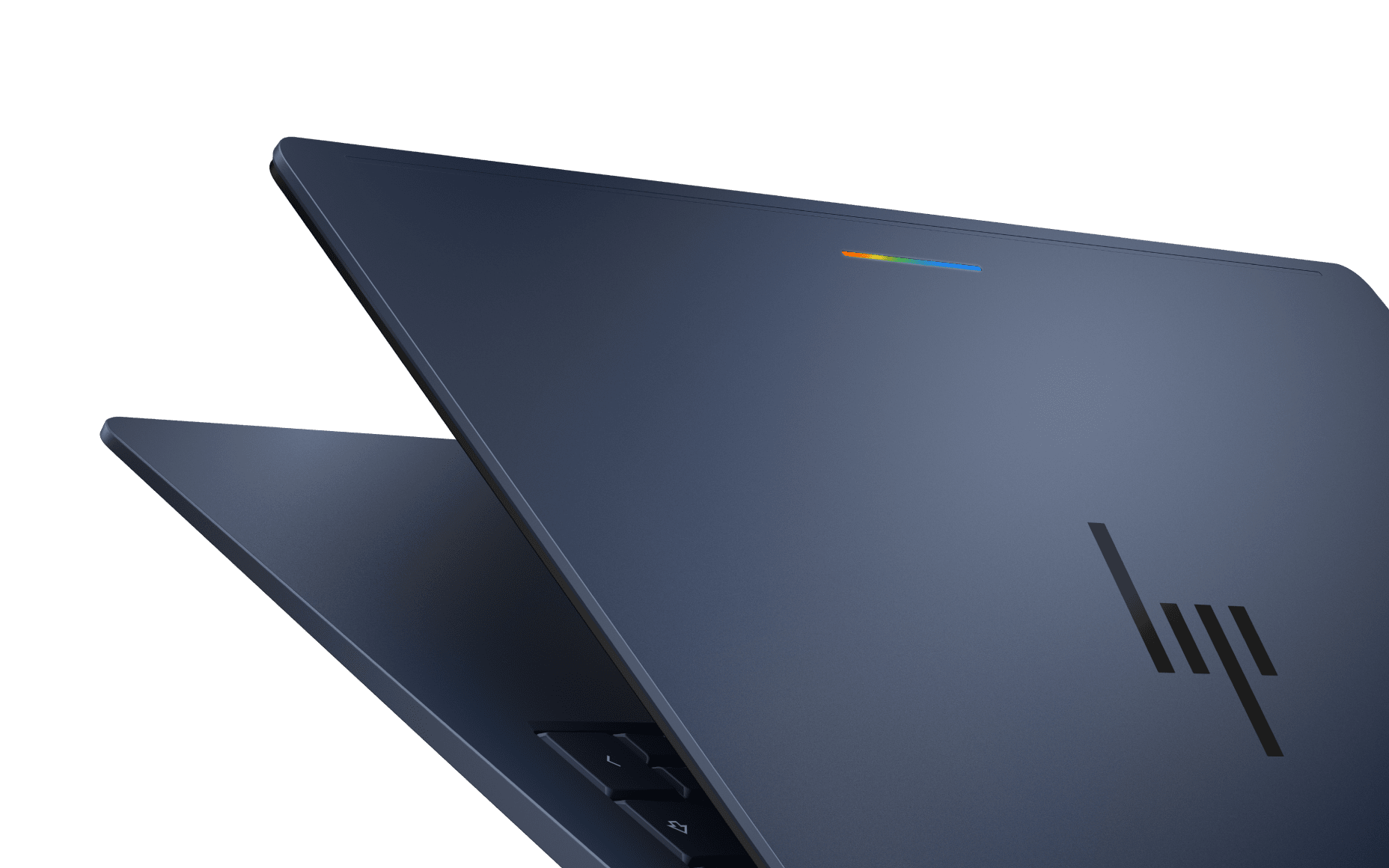 HP Googlebook laptop shown open at an angled view, highlighting its slim design and dark aluminum finish and colorful glowbar.