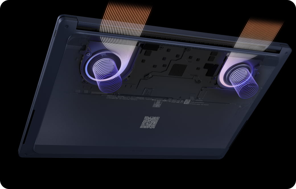 Transparent underside view of an HP laptop highlighting the internal dual-fan cooling system with airflow paths visualized, showcasing thermal management and device cooling.