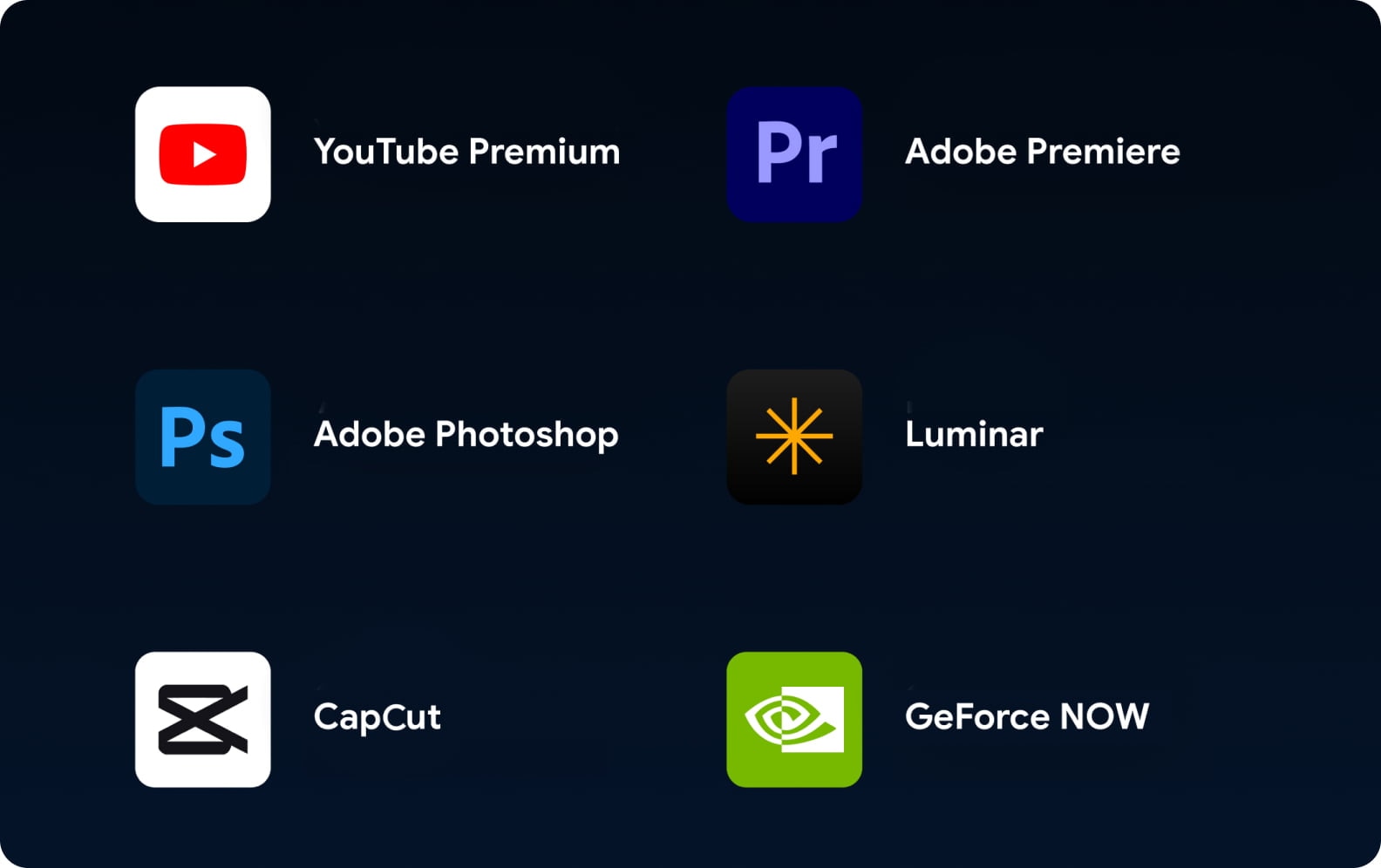 Powerful creative ecosystem with professional photo editing, video production, and AI-enhanced design applications icons.