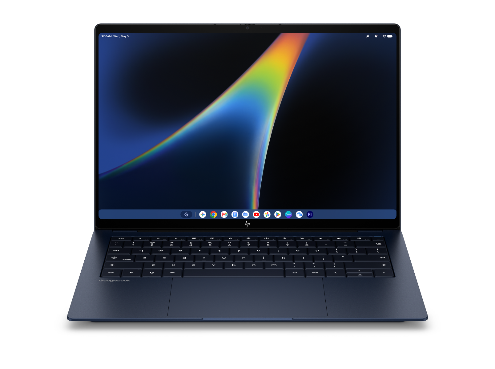 HP Googlebook laptop open and displaying its screen and keyboard.