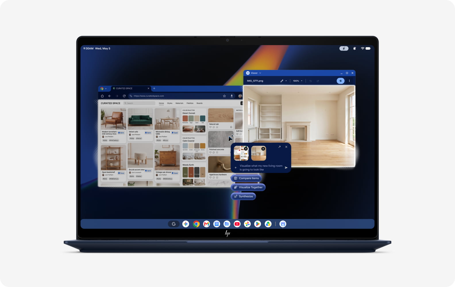 HP laptop displaying multiple AI-powered windows, including visual search, room design inspiration, and intelligent recommendations, showcasing enhanced productivity and creativity.