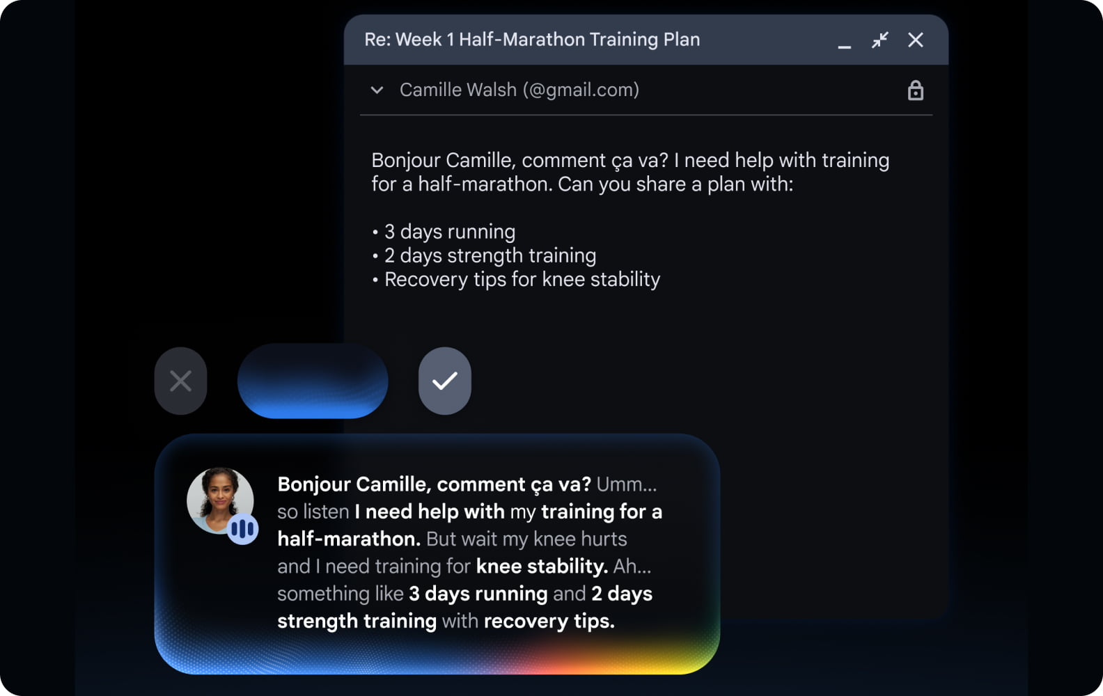 AI assistant summarizing a training request and creating a half-marathon training plan.