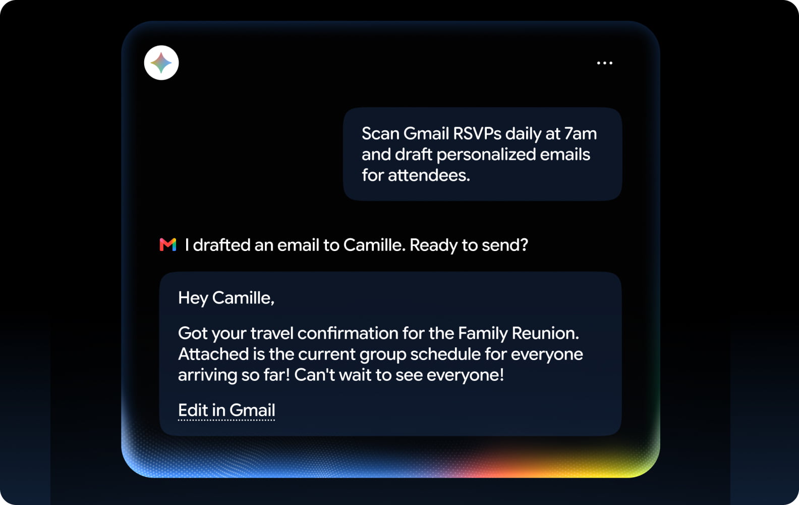 AI assistant drafting a personalized email in Gmail based on a travel confirmation.
