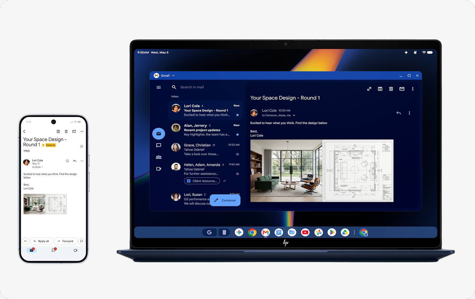 Laptop showing an email with design images, alongside a smartphone displaying the same message.