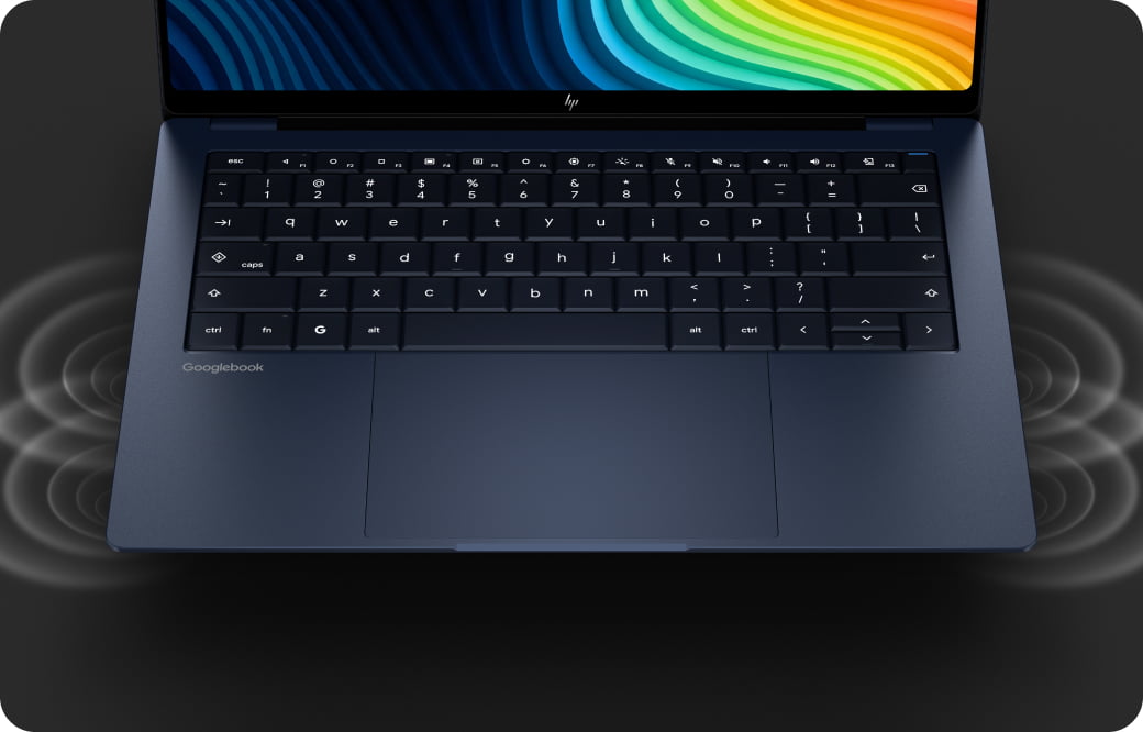 HP laptop shown from a top-down angle with circular sound waves radiating from both sides of the keyboard, illustrating immersive audio performance and enhanced sound quality.