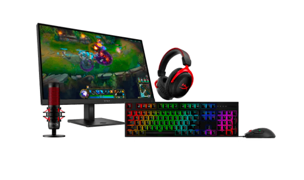 OMEN and HyperX gaming accessories displayed with a dynamic game scene on screen.