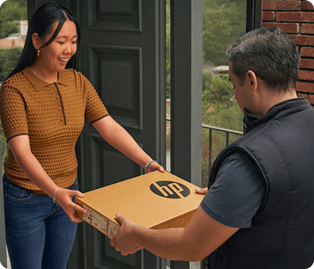 HP laptop being delivered at a doorstep, highlighting fast, ready‑to‑ship convenience for getting to work without delay.