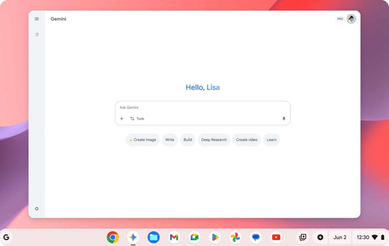 Chromebook display showcasing Google AI Pro, highlighting seamless AI tools that support productivity, creativity, and cloud‑based work.