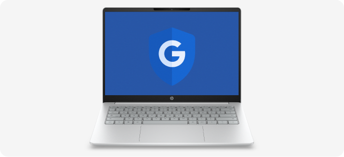 Silver HP laptop with a blue screen displaying a shield icon with a white “G” symbol.