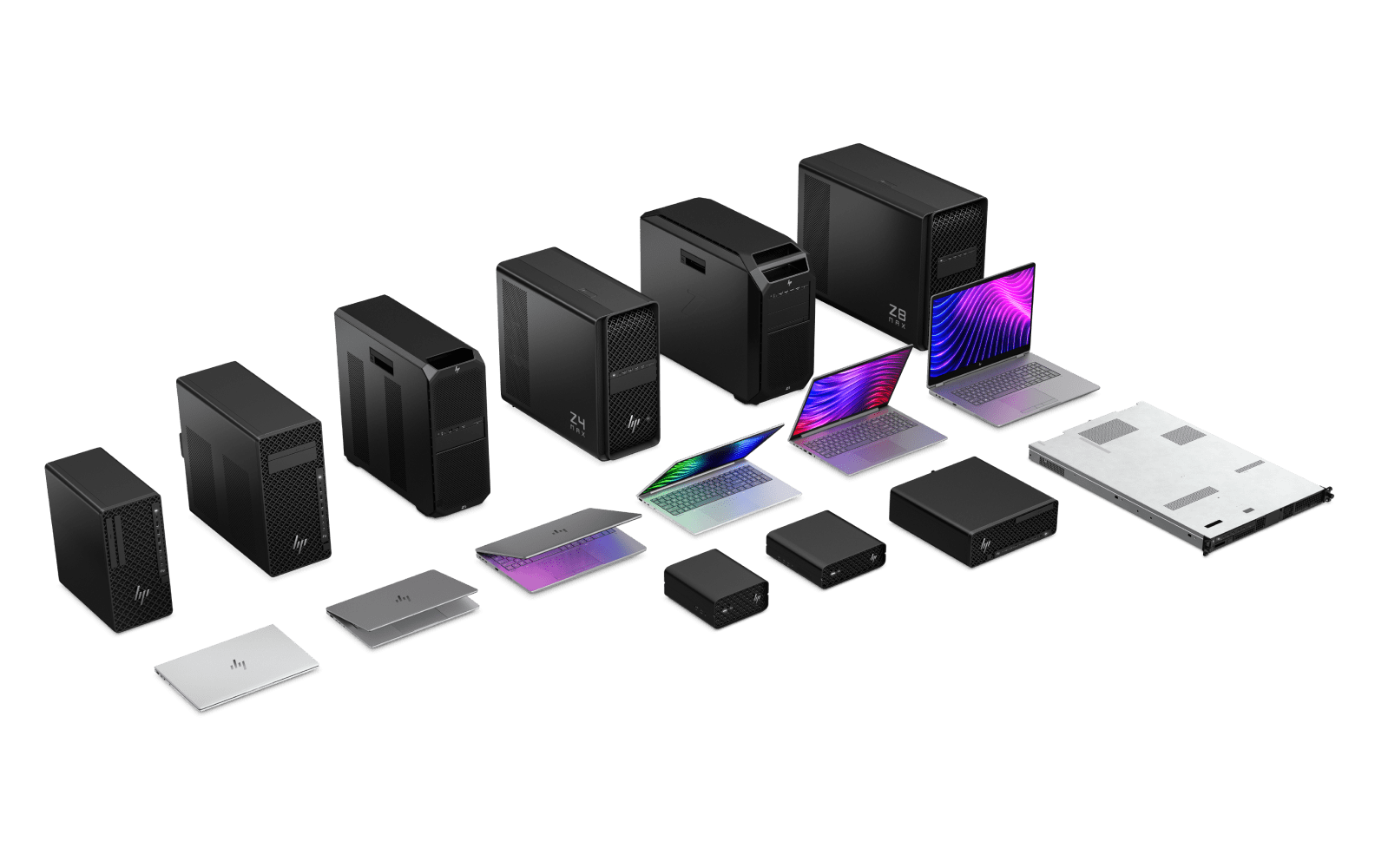 HP Z workstations: Z1 Tower, Z2 Tower, Z6 A, Z4, Z8, Z8 Fury,  ZBook 8, ZBook X, ZBook Power, ZBook Ultra, ZBook Studio, ZBook Fury, Z2 Mini, ZGX Nano AI Station,  Z2 SFF and Z4 Rack.